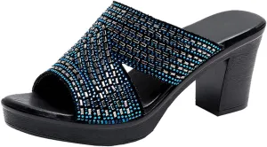 Sandals Women Dressy Summer Fashion Rhinestone Cross Straps Chunky Block High Heel Sandals Comfortable Slip on Slippers Outdoor Ladies Casual Shoes