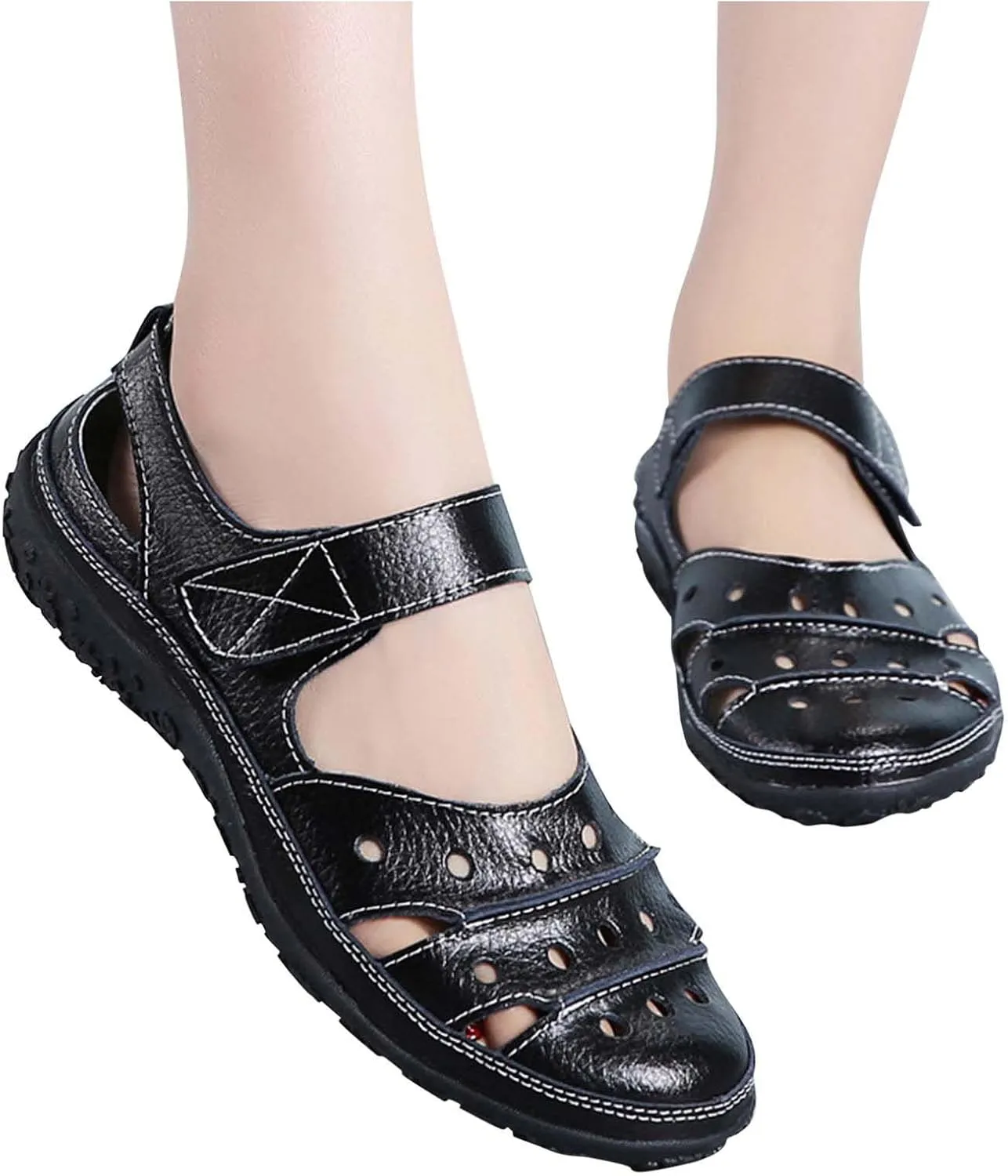 Sandals Women Dressy Summer Flat Round Toe Closed Toe Hook and Loop Clogs Comfy Soft Sole Non-Slip Outdoor Ladies Shoes