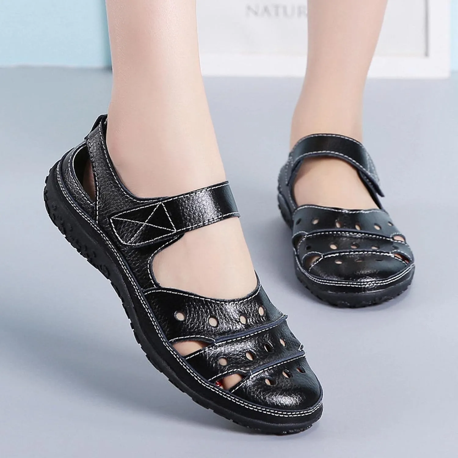 Sandals Women Dressy Summer Flat Round Toe Closed Toe Hook and Loop Clogs Comfy Soft Sole Non-Slip Outdoor Ladies Shoes