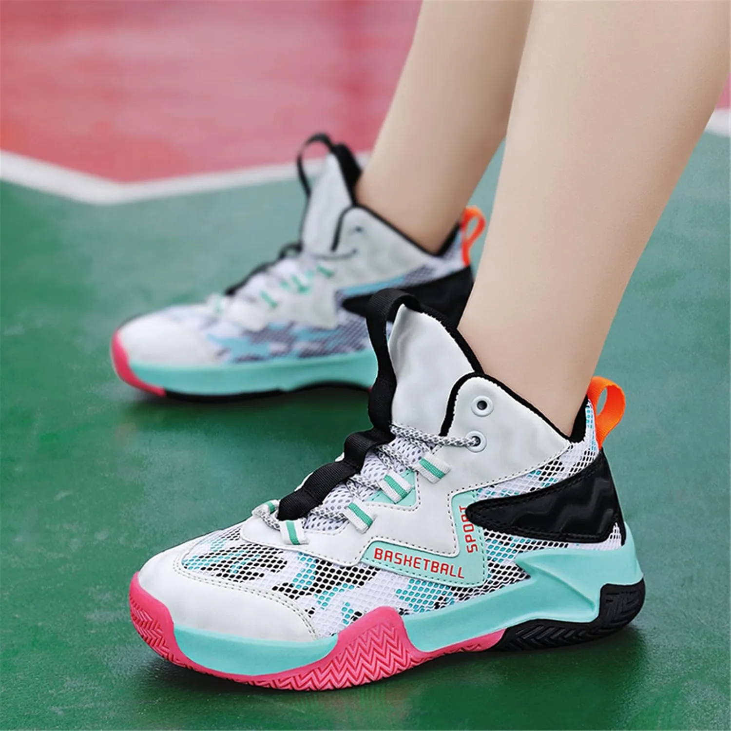 Sanearde Boys Grils Basketball Shoes High Top Youth Fashion Lightweight Volleyball Sneakers Comfortable Non-Slip Footwear