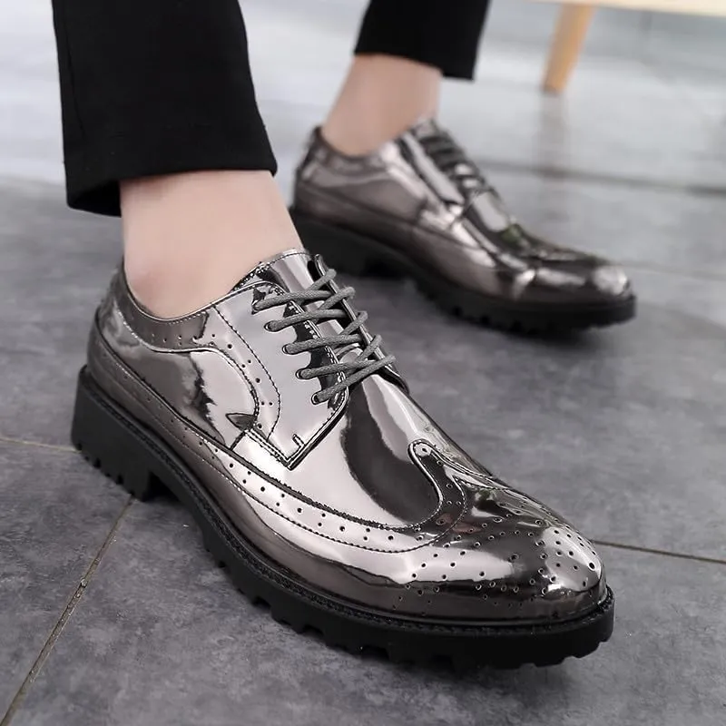 Santimon Glitter Shoes for Men Wingtip Perforated Flashing Party Dress Lace-up Metallic Oxfords Shoes