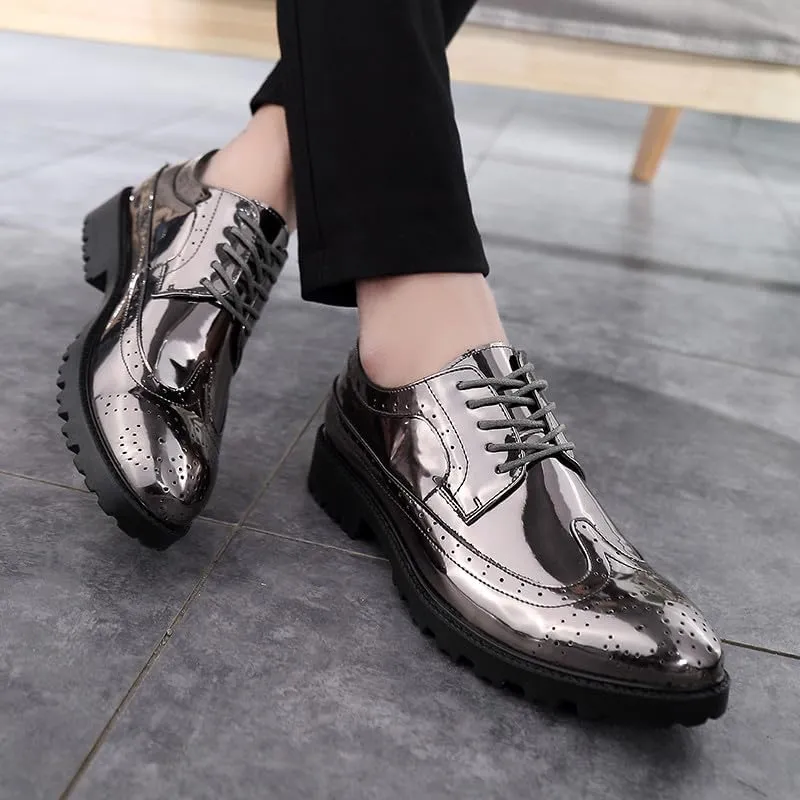 Santimon Glitter Shoes for Men Wingtip Perforated Flashing Party Dress Lace-up Metallic Oxfords Shoes