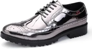 Santimon Glitter Shoes for Men Wingtip Perforated Flashing Party Dress Lace-up Metallic Oxfords Shoes