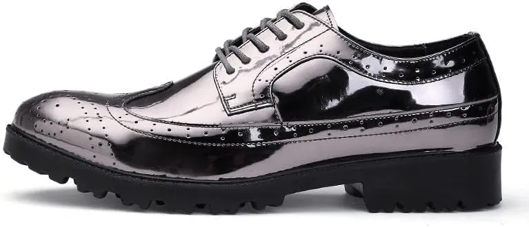 Santimon Glitter Shoes for Men Wingtip Perforated Flashing Party Dress Lace-up Metallic Oxfords Shoes