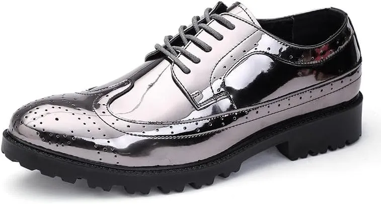 Santimon Glitter Shoes for Men Wingtip Perforated Flashing Party Dress Lace-up Metallic Oxfords Shoes