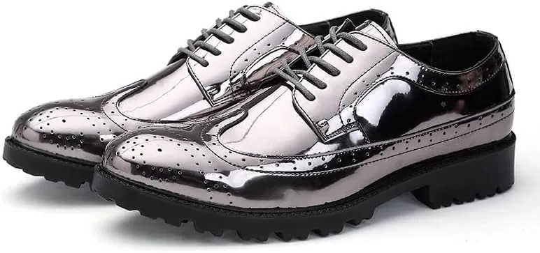 Santimon Glitter Shoes for Men Wingtip Perforated Flashing Party Dress Lace-up Metallic Oxfords Shoes