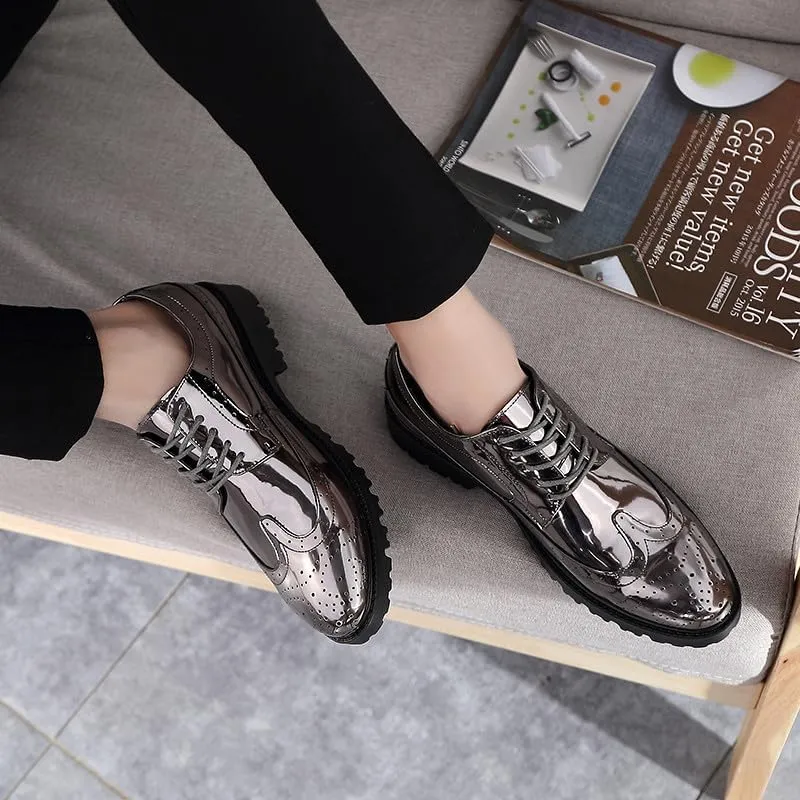 Santimon Glitter Shoes for Men Wingtip Perforated Flashing Party Dress Lace-up Metallic Oxfords Shoes
