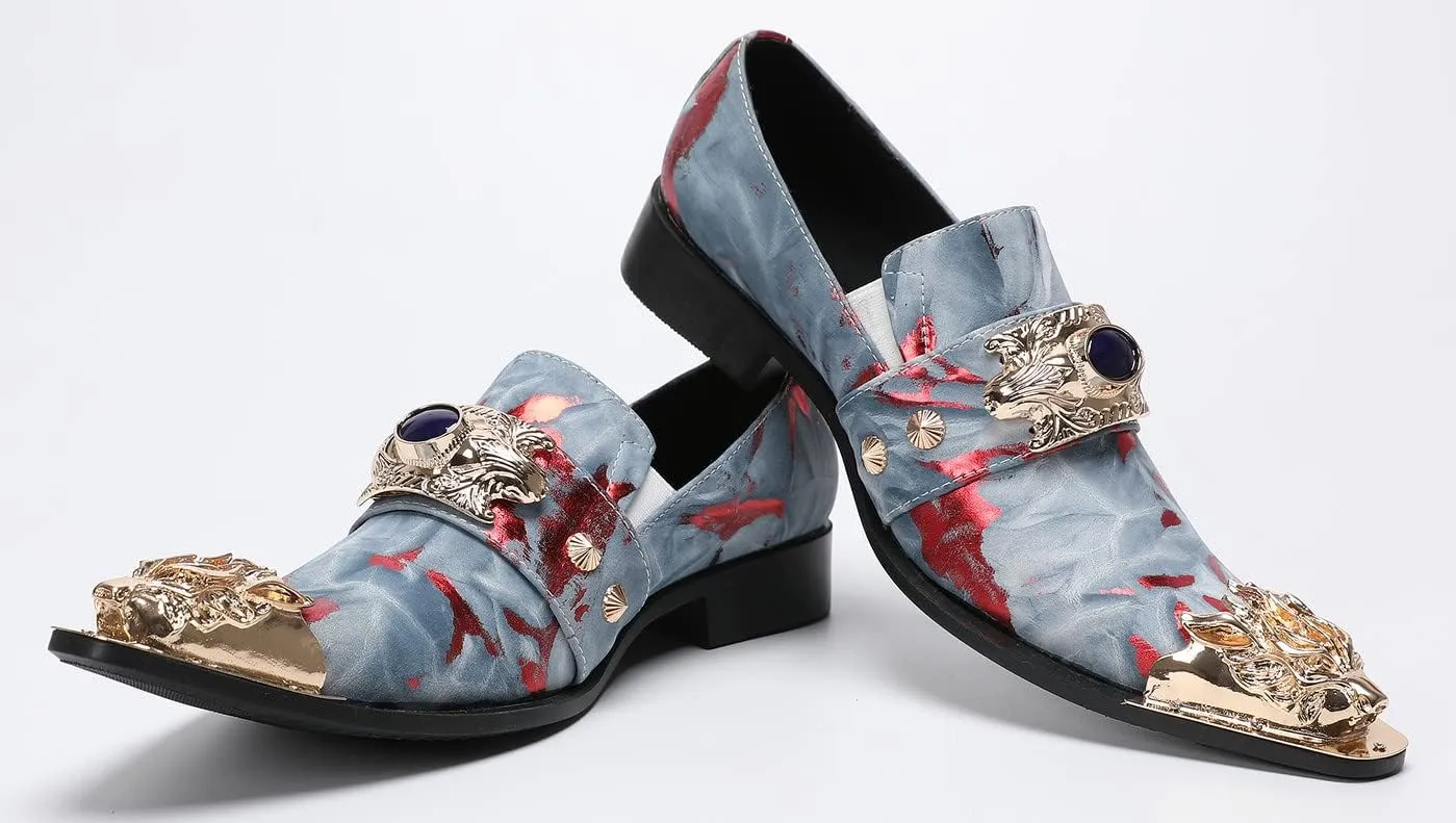 Santimon Men's Dress Shoes Suede Leather Multicolored Dragon Metal Tip Single Strap Gold Crystals Bead Wedding Formal Loafers