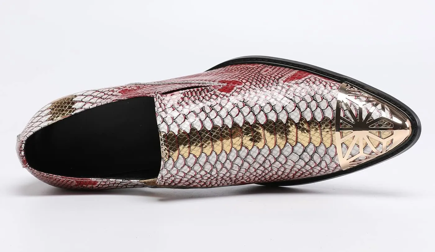 Santimon Mens Dress Smoking Loafers Genuine Fish-Scale Pattern Leather Lined Cap Metal Toe Formal Slip On Italian Luxury Handmade Prom Wedding Shoes