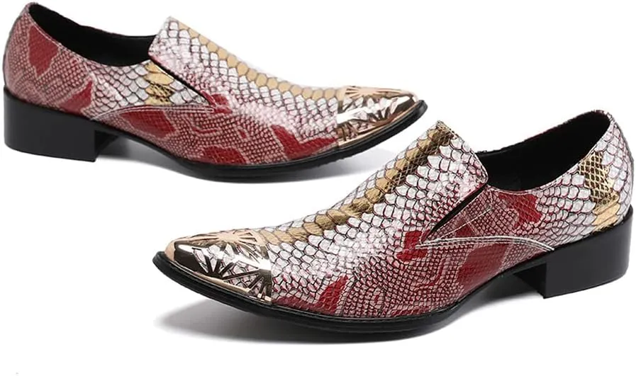 Santimon Mens Dress Smoking Loafers Genuine Fish-Scale Pattern Leather Lined Cap Metal Toe Formal Slip On Italian Luxury Handmade Prom Wedding Shoes