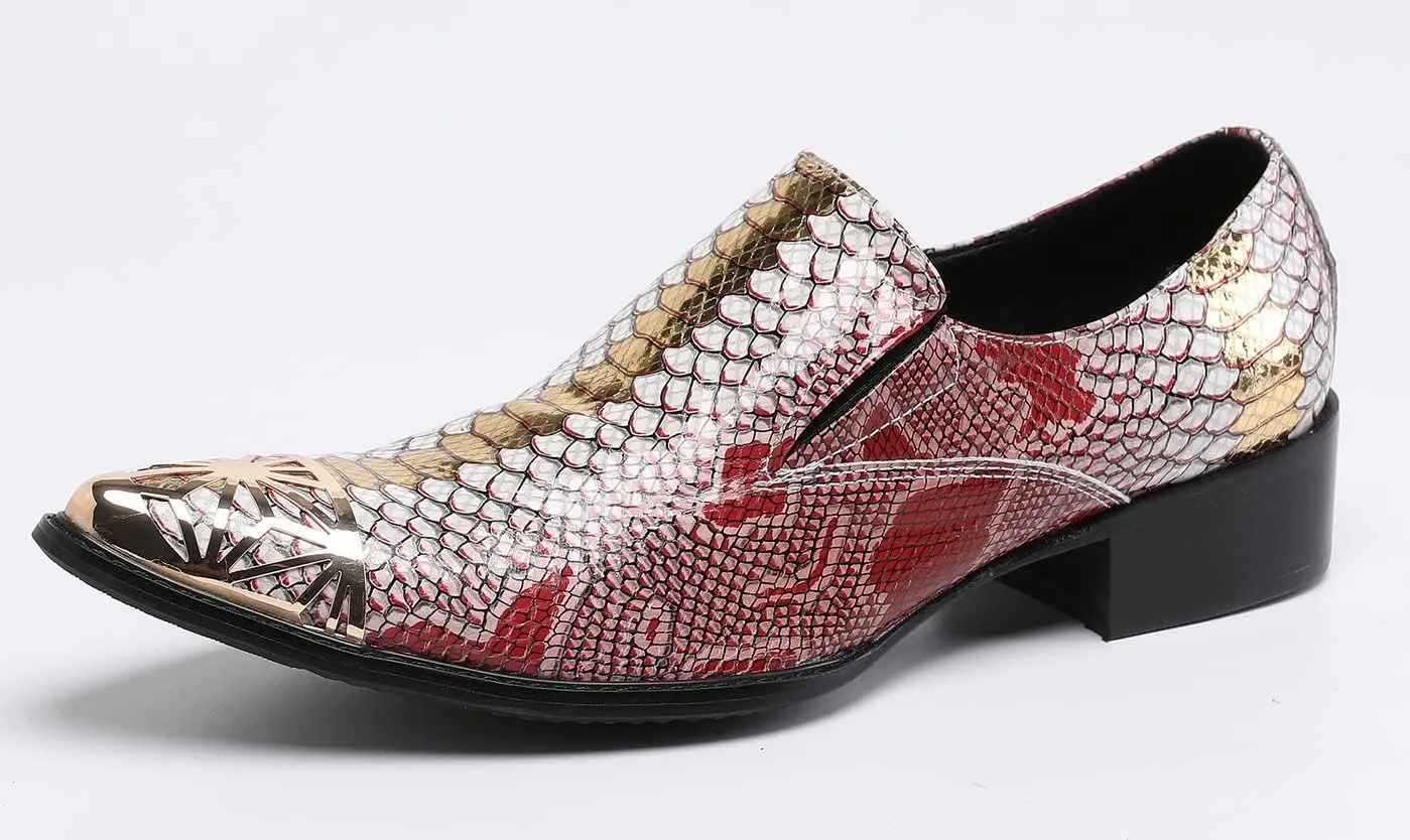 Santimon Mens Dress Smoking Loafers Genuine Fish-Scale Pattern Leather Lined Cap Metal Toe Formal Slip On Italian Luxury Handmade Prom Wedding Shoes