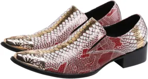 Santimon Mens Dress Smoking Loafers Genuine Fish-Scale Pattern Leather Lined Cap Metal Toe Formal Slip On Italian Luxury Handmade Prom Wedding Shoes