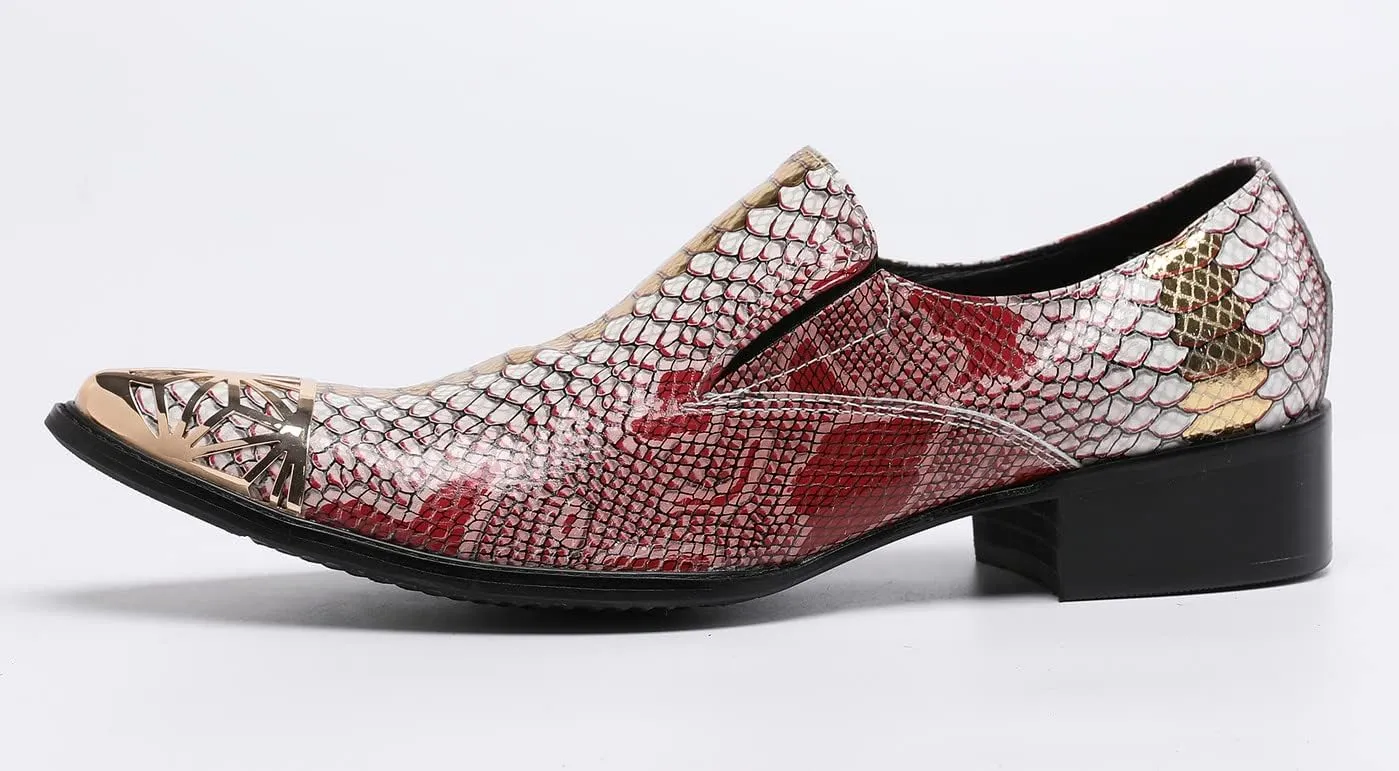 Santimon Mens Dress Smoking Loafers Genuine Fish-Scale Pattern Leather Lined Cap Metal Toe Formal Slip On Italian Luxury Handmade Prom Wedding Shoes