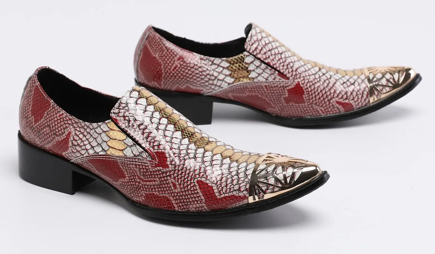 Santimon Mens Dress Smoking Loafers Genuine Fish-Scale Pattern Leather Lined Cap Metal Toe Formal Slip On Italian Luxury Handmade Prom Wedding Shoes