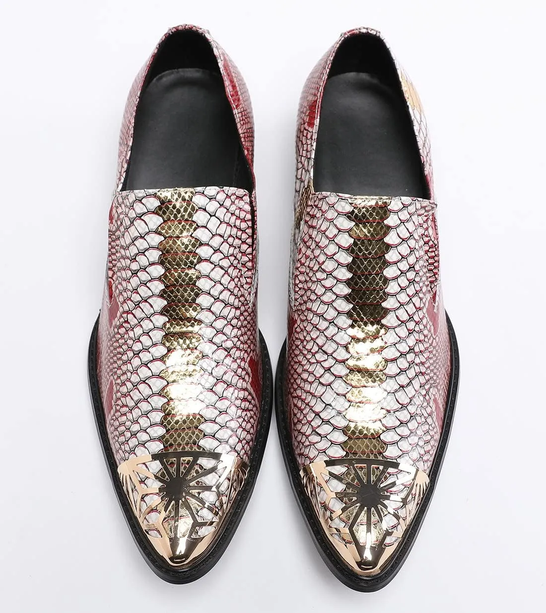 Santimon Mens Dress Smoking Loafers Genuine Fish-Scale Pattern Leather Lined Cap Metal Toe Formal Slip On Italian Luxury Handmade Prom Wedding Shoes