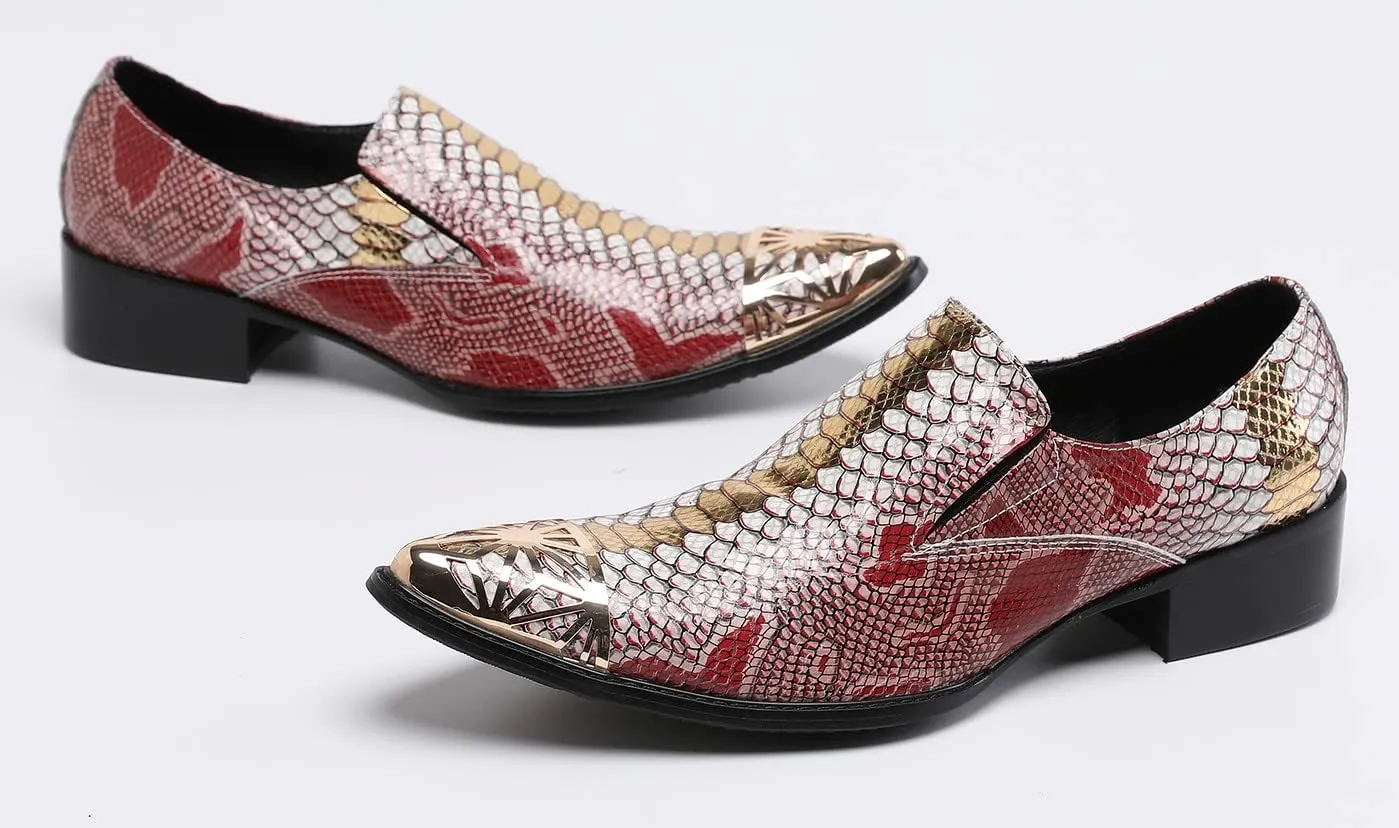 Santimon Mens Dress Smoking Loafers Genuine Fish-Scale Pattern Leather Lined Cap Metal Toe Formal Slip On Italian Luxury Handmade Prom Wedding Shoes