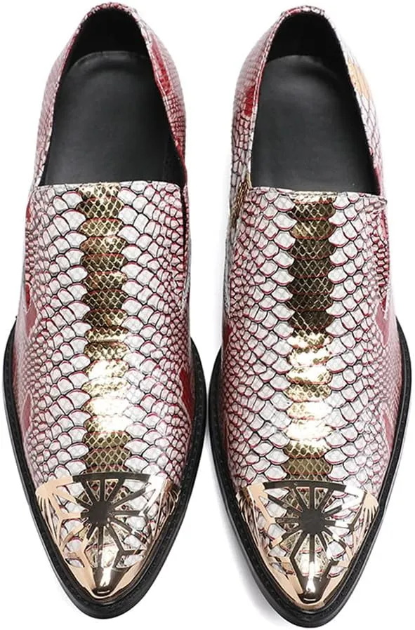 Santimon Mens Dress Smoking Loafers Genuine Fish-Scale Pattern Leather Lined Cap Metal Toe Formal Slip On Italian Luxury Handmade Prom Wedding Shoes