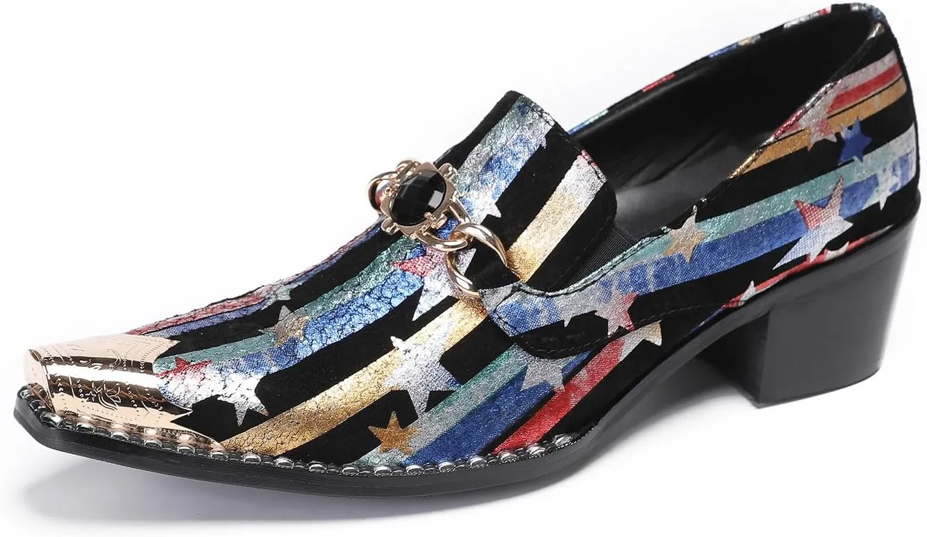 Santimon Mens Loafers Disco Party Dress Casual Slip On Shoes Metal-Tip Toe Leather Penny Loafers Western Fashion Ballroom Wedding Prom Tuxedo Shoes for Men