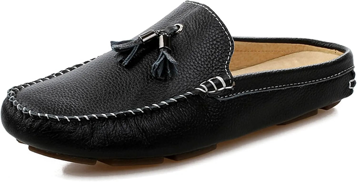 Santimon Men's Slippers Mules Clogs Tassel Leather Comfortable Slip on Shoes Casual Loafters