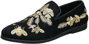 Santimon Men's Suede Leather Loafers with Gold Embroidered Floral Bee Pattern Dress Slip-On Wedding Shoes