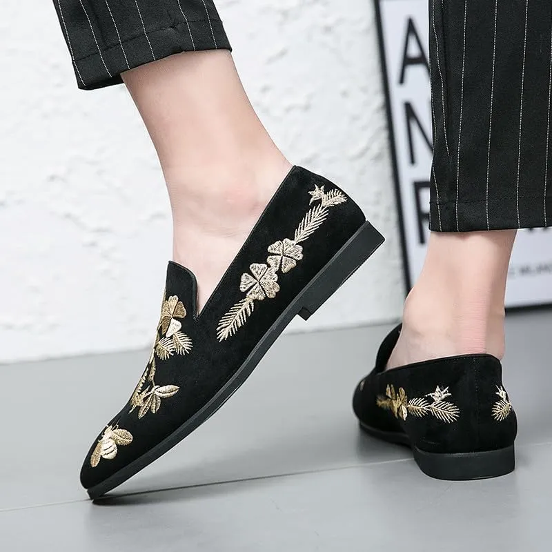 Santimon Men's Suede Leather Loafers with Gold Embroidered Floral Bee Pattern Dress Slip-On Wedding Shoes