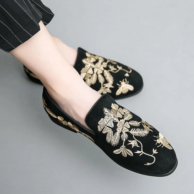Santimon Men's Suede Leather Loafers with Gold Embroidered Floral Bee Pattern Dress Slip-On Wedding Shoes