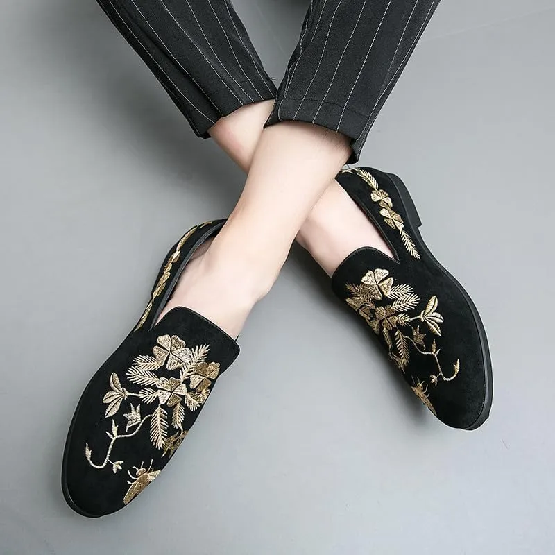 Santimon Men's Suede Leather Loafers with Gold Embroidered Floral Bee Pattern Dress Slip-On Wedding Shoes