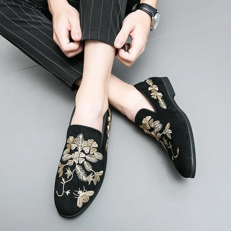 Santimon Men's Suede Leather Loafers with Gold Embroidered Floral Bee Pattern Dress Slip-On Wedding Shoes