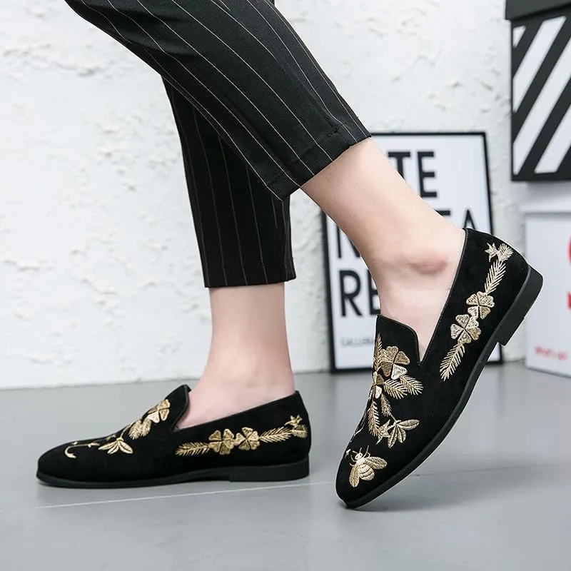 Santimon Men's Suede Leather Loafers with Gold Embroidered Floral Bee Pattern Dress Slip-On Wedding Shoes