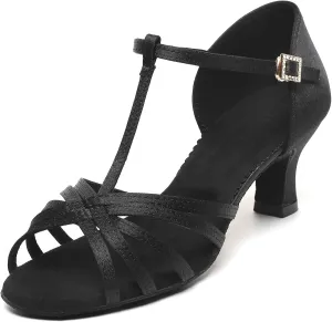 Satin Dance Shoes for Women, Ballroom Dance Shoes Low Heels, Prom Shoes for Woman Dancing, Latin Salsa Dance Heels, Open Toe Ankle T-Strap Sandals, Wedding Dressy Shoes, Suede Sole