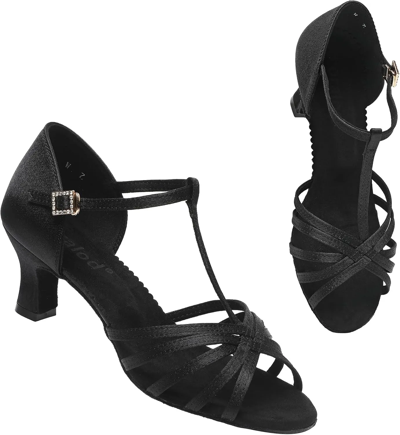 Satin Dance Shoes for Women, Ballroom Dance Shoes Low Heels, Prom Shoes for Woman Dancing, Latin Salsa Dance Heels, Open Toe Ankle T-Strap Sandals, Wedding Dressy Shoes, Suede Sole