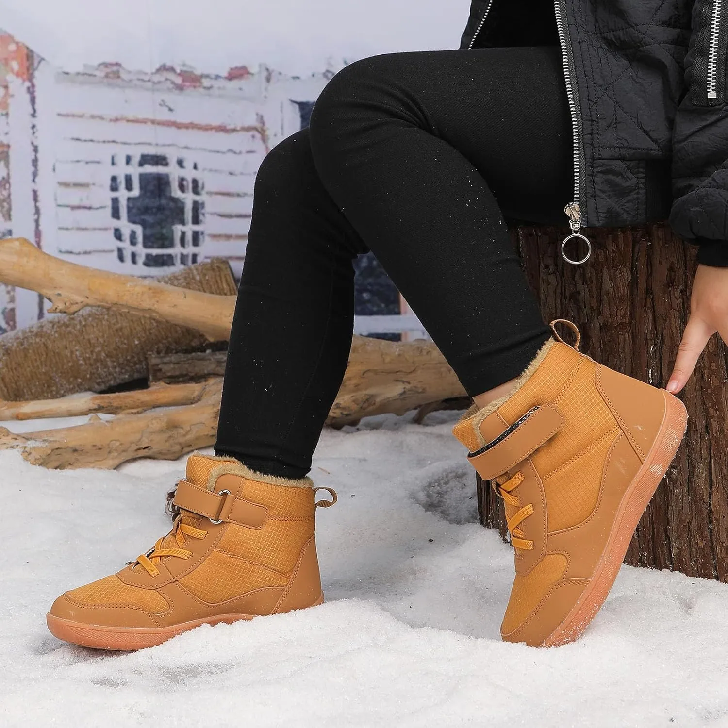 SECHRITE Toddler Kids Wide Barefoot Winter Boots High Top Girls Boys Warm Snow Boots Waterproof Non-Slip Minimalist Boots| Natural Growth