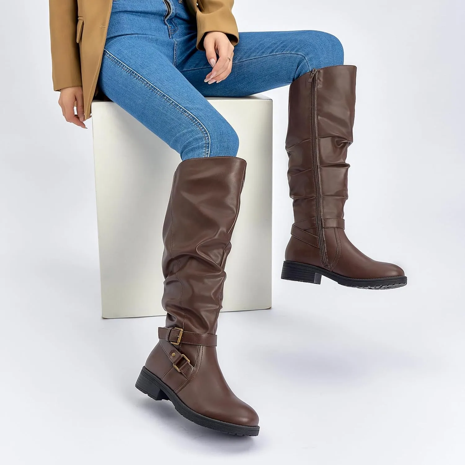 SelenePair Women's Fashion Knee high Boots Flat Low Heel Slouchy Boot Side Zip Adjustable Buckles Riding Boots