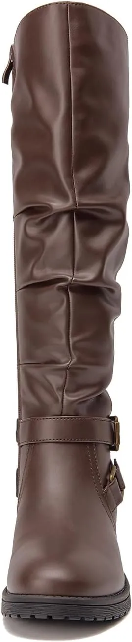 SelenePair Women's Fashion Knee high Boots Flat Low Heel Slouchy Boot Side Zip Adjustable Buckles Riding Boots