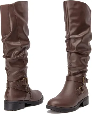 SelenePair Women's Fashion Knee high Boots Flat Low Heel Slouchy Boot Side Zip Adjustable Buckles Riding Boots