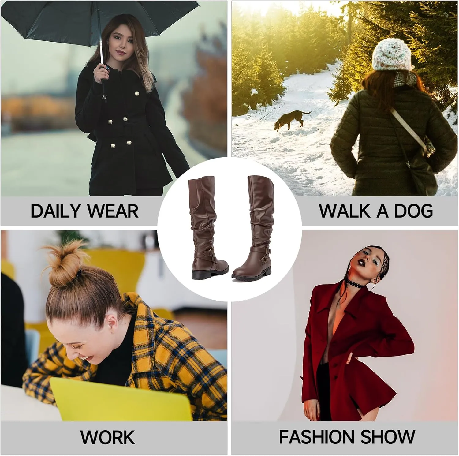 SelenePair Women's Fashion Knee high Boots Flat Low Heel Slouchy Boot Side Zip Adjustable Buckles Riding Boots