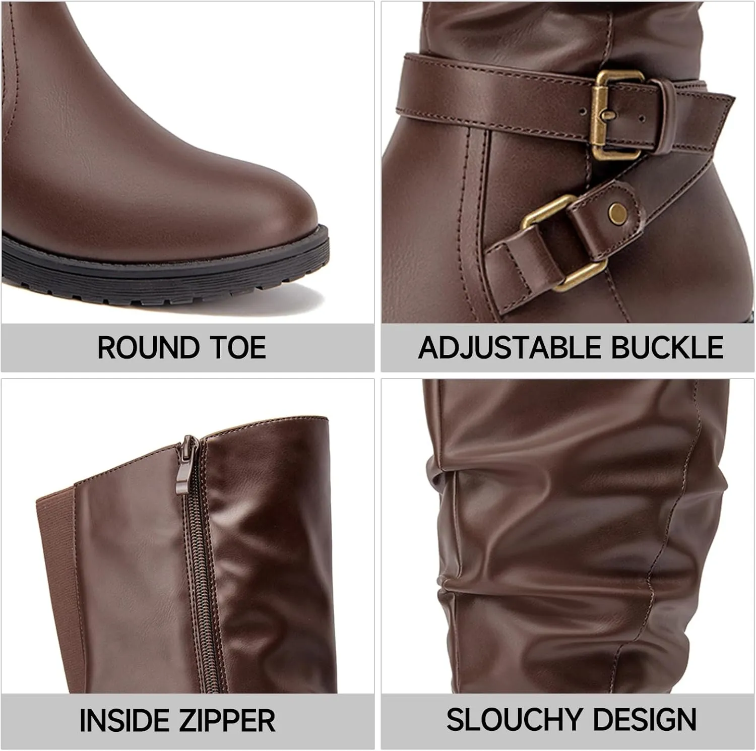 SelenePair Women's Fashion Knee high Boots Flat Low Heel Slouchy Boot Side Zip Adjustable Buckles Riding Boots