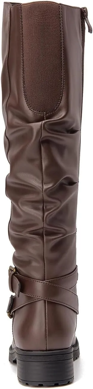 SelenePair Women's Fashion Knee high Boots Flat Low Heel Slouchy Boot Side Zip Adjustable Buckles Riding Boots