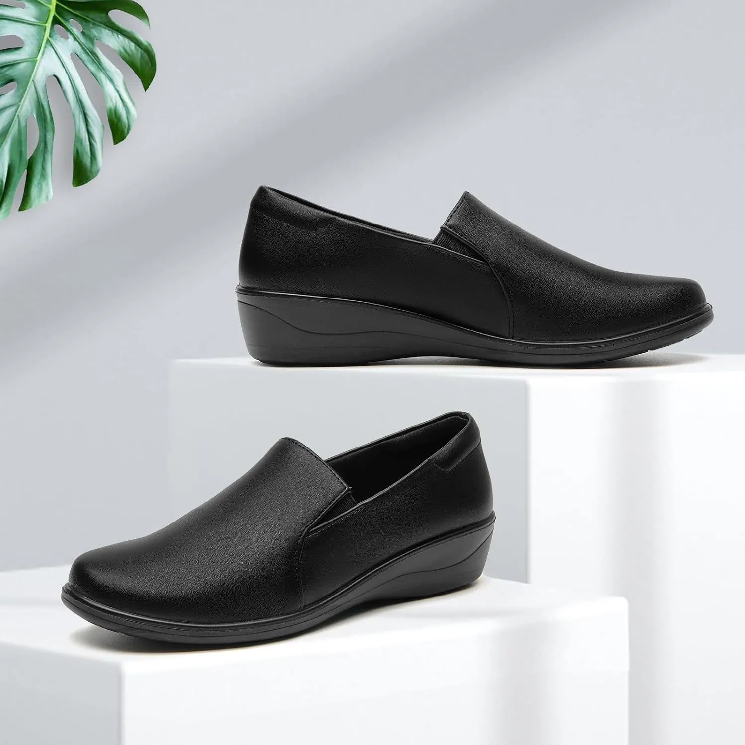 SelenePair Women's Low Wedge Heels Pumps Round Toe Slip-on Comfortable Loafers Casual Office Business Dress Work Shoes
