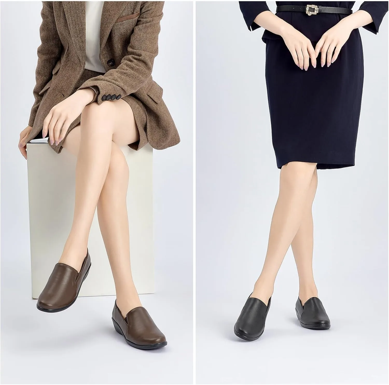 SelenePair Women's Low Wedge Heels Pumps Round Toe Slip-on Comfortable Loafers Casual Office Business Dress Work Shoes