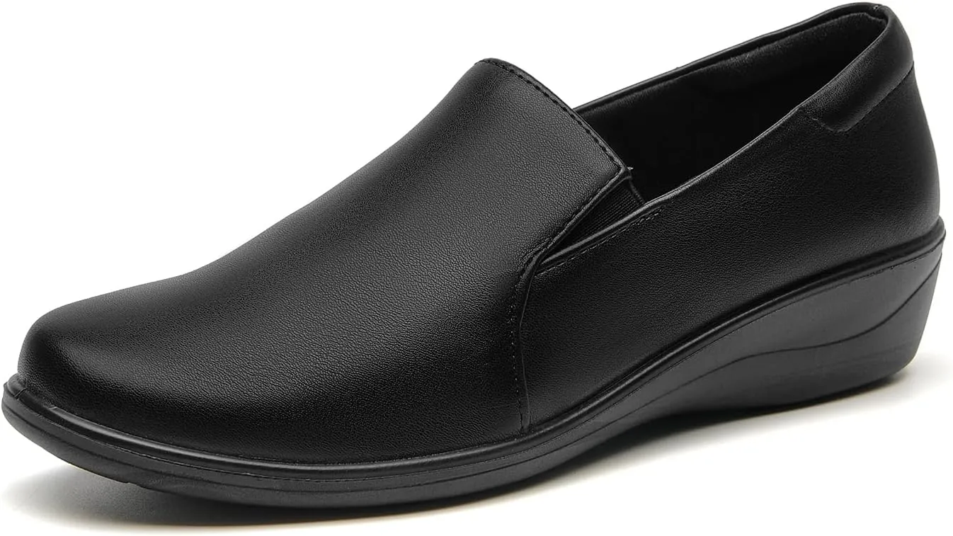 SelenePair Women's Low Wedge Heels Pumps Round Toe Slip-on Comfortable Loafers Casual Office Business Dress Work Shoes