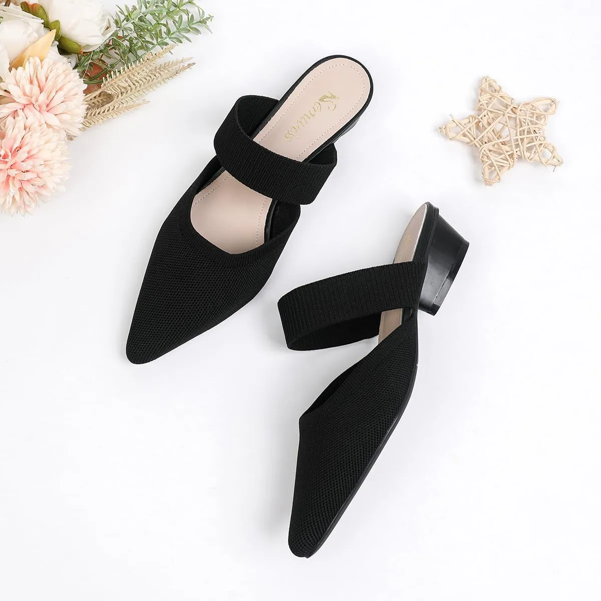 Semwiss Pointed Toe Mules for Women Chunky Low Heeled Sandals Breathable Backless Mesh Knit Slip on Loafers