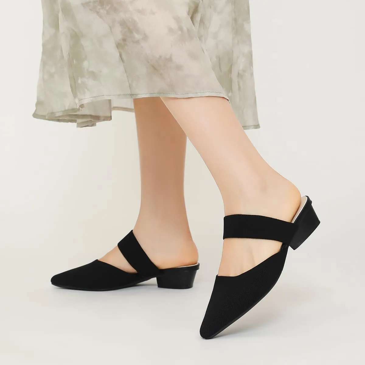 Semwiss Pointed Toe Mules for Women Chunky Low Heeled Sandals Breathable Backless Mesh Knit Slip on Loafers