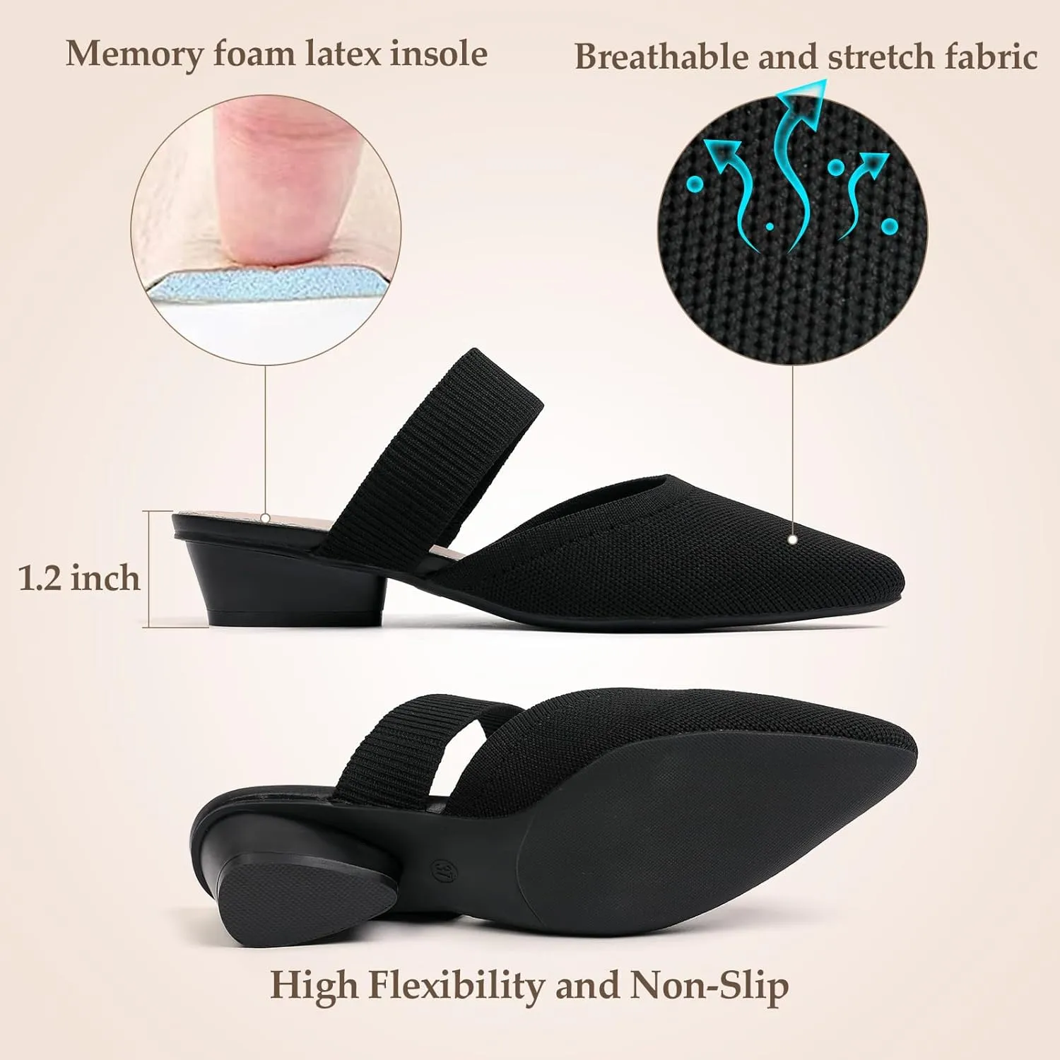 Semwiss Pointed Toe Mules for Women Chunky Low Heeled Sandals Breathable Backless Mesh Knit Slip on Loafers