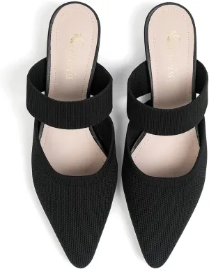 Semwiss Pointed Toe Mules for Women Chunky Low Heeled Sandals Breathable Backless Mesh Knit Slip on Loafers