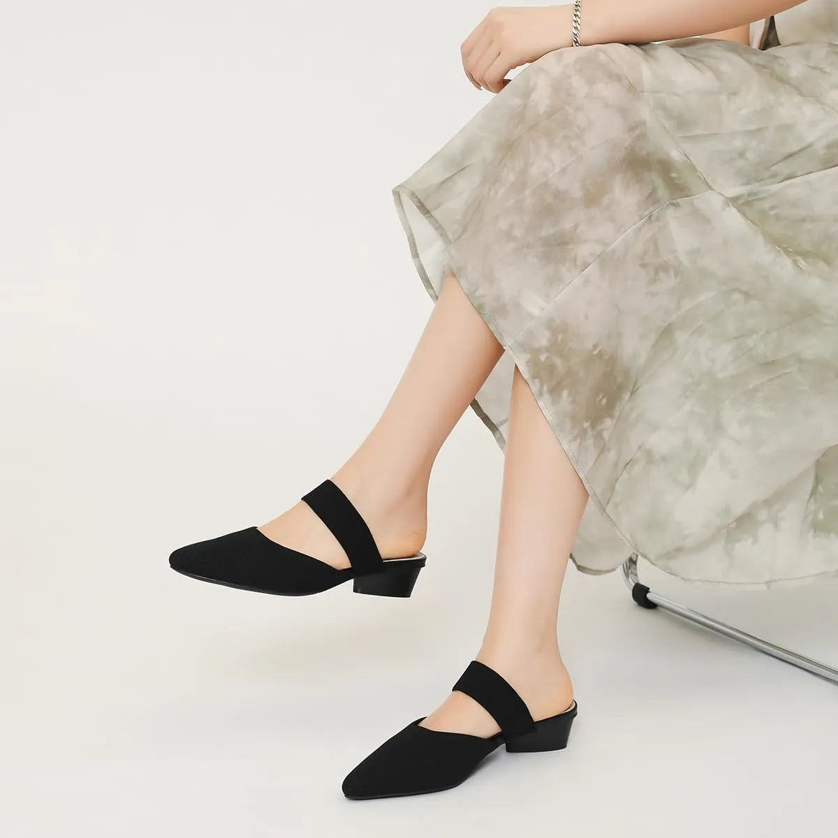 Semwiss Pointed Toe Mules for Women Chunky Low Heeled Sandals Breathable Backless Mesh Knit Slip on Loafers