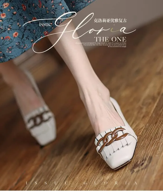 sexytag Women's Genuine Leather Tassels Loafers Block Low Heel Slip on Handmade Oxford Retro Shoes
