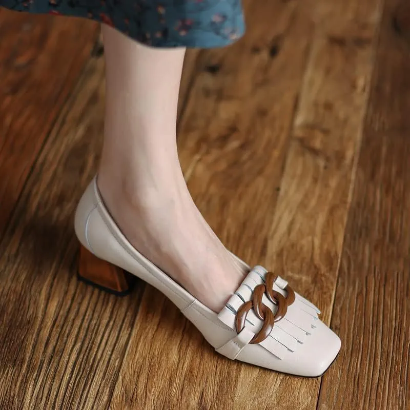 sexytag Women's Genuine Leather Tassels Loafers Block Low Heel Slip on Handmade Oxford Retro Shoes