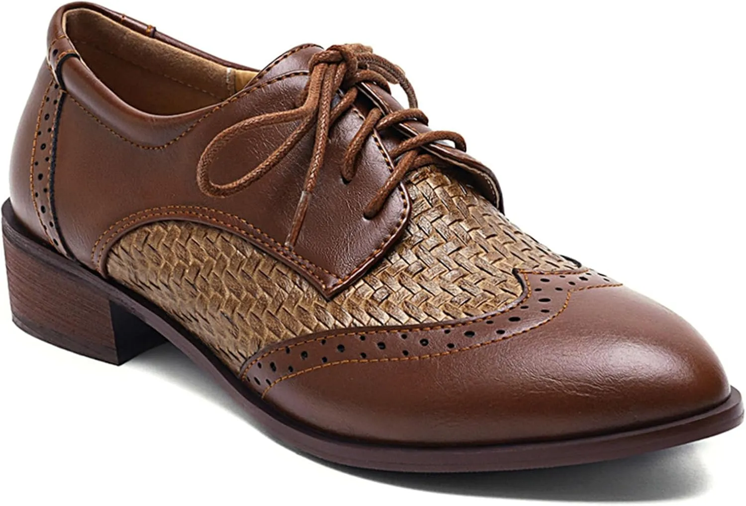 SHEMEE Women's Two Tone Oxfords Saddle Shoes Vintage Perforated Wingtip Brogues Laced Chunky Low Heels Pumps