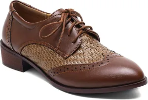 SHEMEE Women's Two Tone Oxfords Saddle Shoes Vintage Perforated Wingtip Brogues Laced Chunky Low Heels Pumps